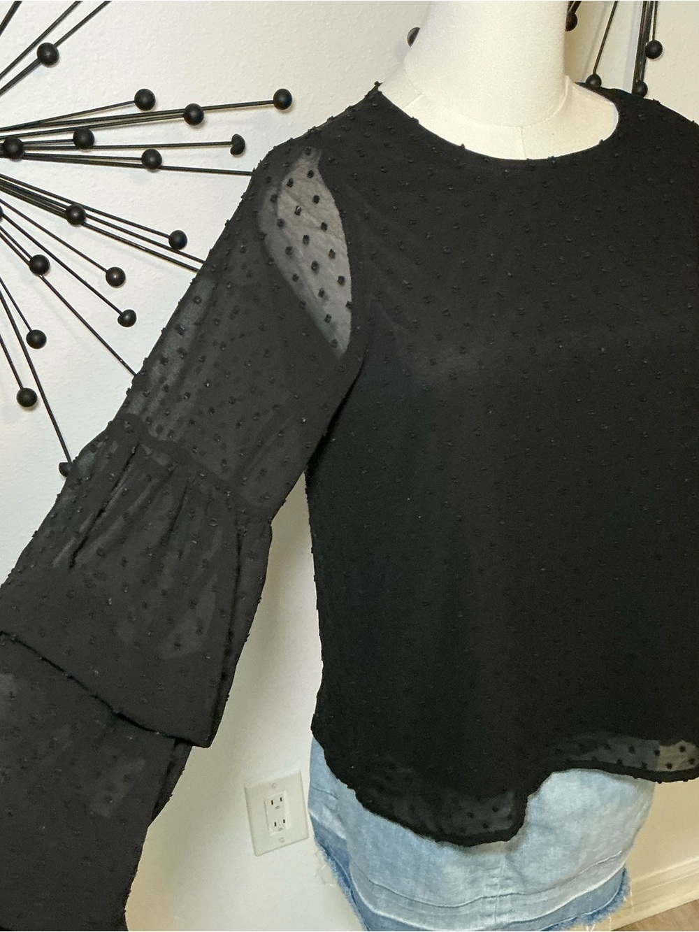 Hudson Gray Black Swiss Dot Sheer Bell Sleeve Blouse Size Small - Picture 2 of 4